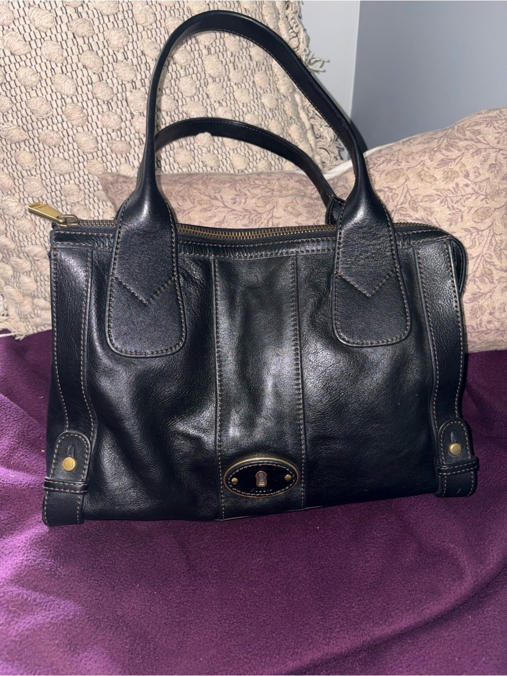 Fossil vintage Black Leather Tote Bag with Brass Accents